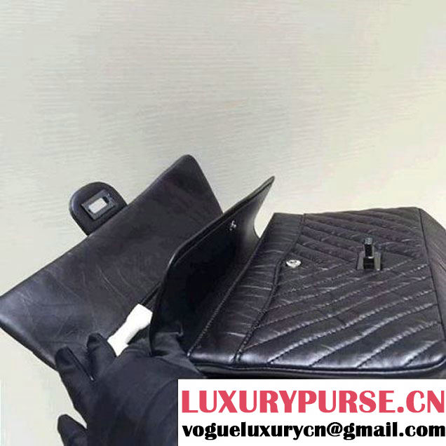 Chanel 2.55 Medium 226 Chevron Double Flap Bag In Black Aged Calfskin(Black Hardware) (1A001-6072135 )