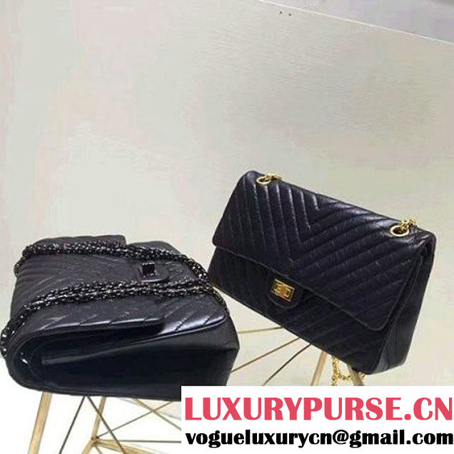 Chanel 2.55 Medium 226 Chevron Double Flap Bag In Black Aged Calfskin(Black Hardware) (1A001-6072135 )