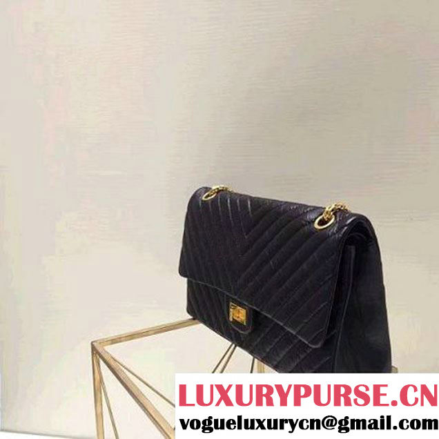 Chanel 2.55 Medium 226 Chevron Double Flap Bag In Black Aged Calfskin(Gold Hardware) (1A001-6072136 )