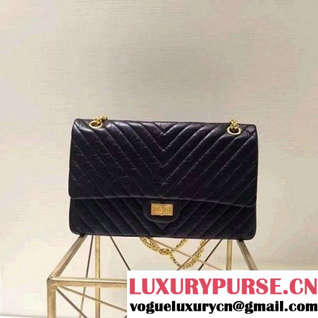 Chanel 2.55 Medium 226 Chevron Double Flap Bag In Black Aged Calfskin(Gold Hardware) (1A001-6072136 )