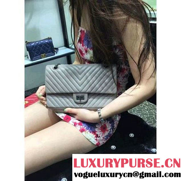 Chanel 2.55 Medium 226 Chevron Double Flap Bag In Gray Aged Calfskin(Silver Hardware) (1A001-6072138 )