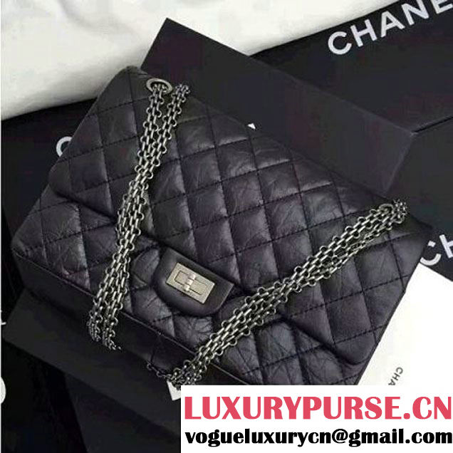 Chanel 2.55 Medium 226 Quilting Double Flap Bag In Black Aged Calfskin(Silver Hardware) (1A001-6072140 )