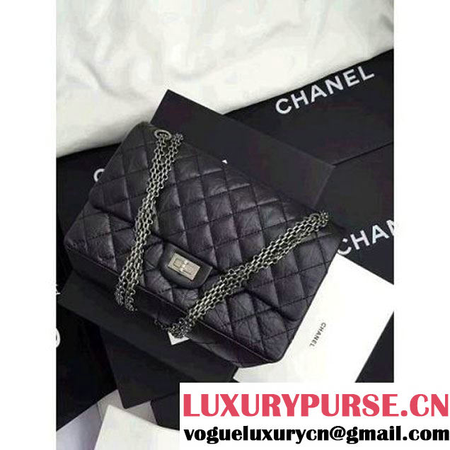 Chanel 2.55 Medium 226 Quilting Double Flap Bag In Black Aged Calfskin(Silver Hardware) (1A001-6072140 )