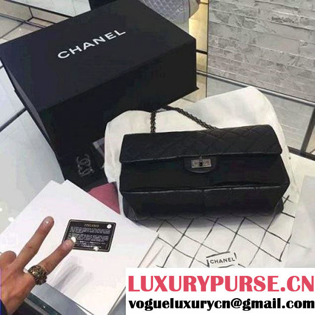Chanel 2.55 Medium 226 Quilting Double Flap Bag In Black Aged Calfskin(Silver Hardware) (1A001-6072140 )