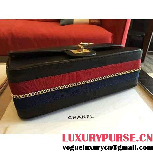Chanel Black Calfskin & Canvas & Medals 2.55 Flap Bag A37586  2016 (Gold Hardware) (KN-6082204 )