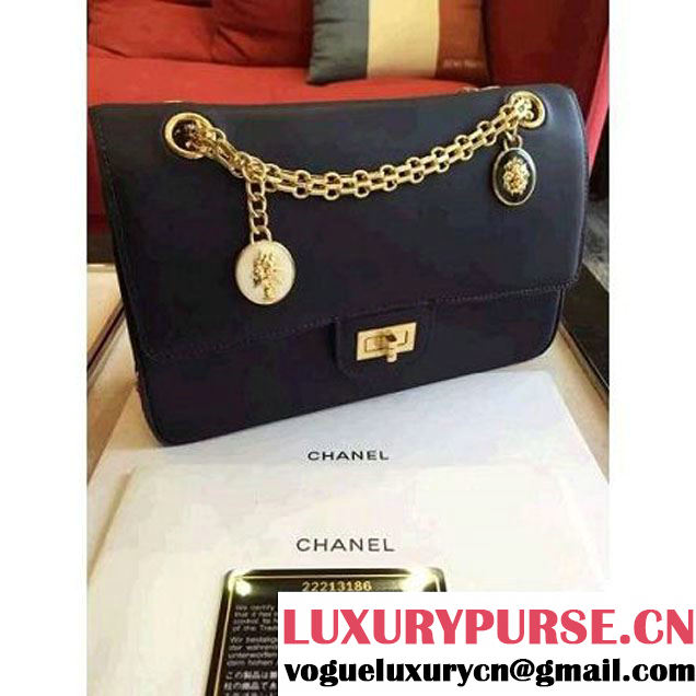 Chanel Dark Blue Calfskin & Canvas & Medals 2.55 Flap Bag A37586  2016 (Gold Hardware) (KN-6082206 )