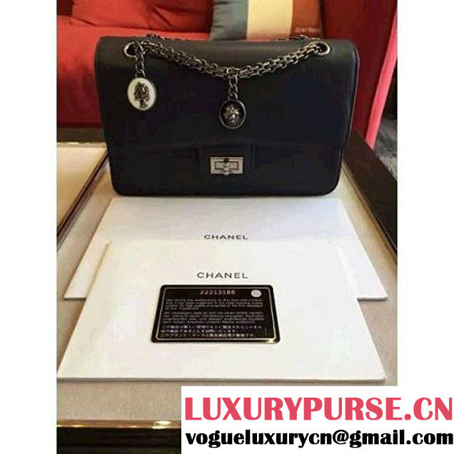 Chanel Dark Blue Calfskin & Canvas & Medals 2.55 Flap Bag A37586  2016 (Black Hardware) (KN-6082207 )