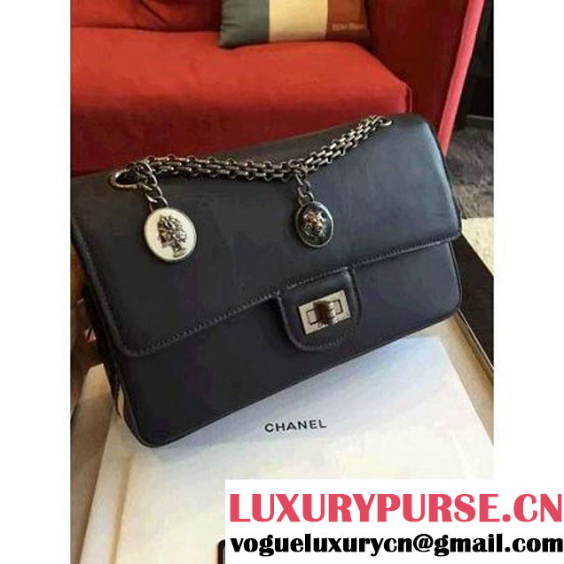 Chanel Dark Blue Calfskin & Canvas & Medals 2.55 Flap Bag A37586  2016 (Black Hardware) (KN-6082207 )