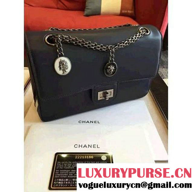 Chanel Dark Blue Calfskin & Canvas & Medals 2.55 Flap Bag A37586  2016 (Black Hardware) (KN-6082207 )