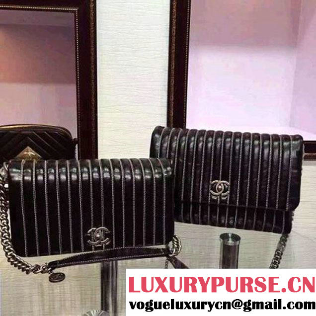 Chanel Medium Vertical Stripes Wax Calfskin Flap Bag 2015 in Black (2a131-053170 )
