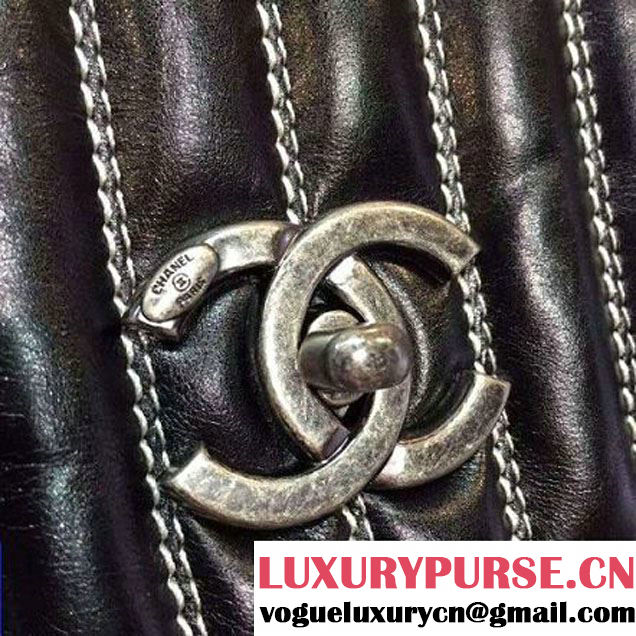 Chanel Medium Vertical Stripes Wax Calfskin Flap Bag 2015 in Black (2a131-053170 )