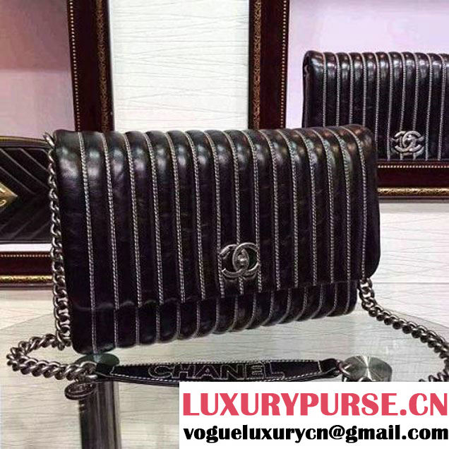 Chanel Medium Vertical Stripes Wax Calfskin Flap Bag 2015 in Black (2a131-053170 )
