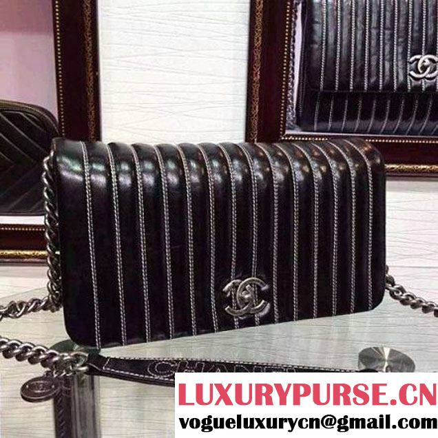Chanel Small Vertical Stripes Wax Calfskin Flap Bag 2015 in Black (2a136-053169 )