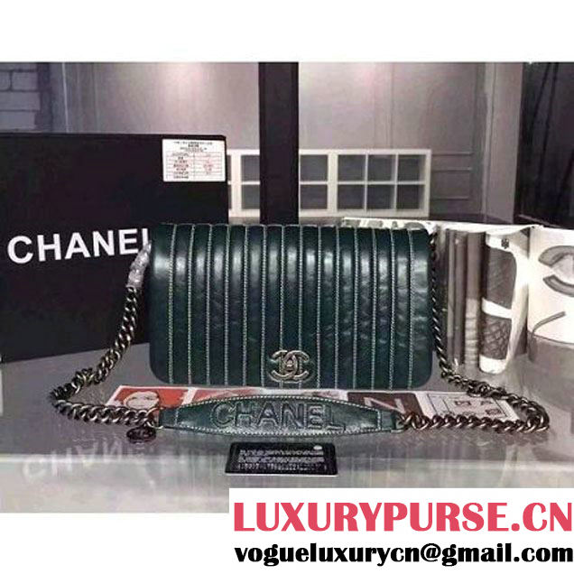 Chanel Small Vertical Stripes Wax Calfskin Flap Bag 2015 in Dark Green (2a136-053168 )