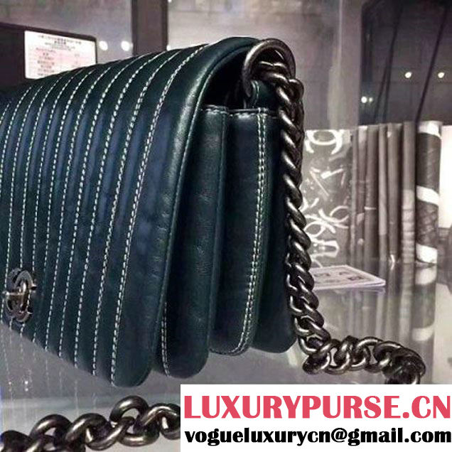 Chanel Small Vertical Stripes Wax Calfskin Flap Bag 2015 in Dark Green (2a136-053168 )
