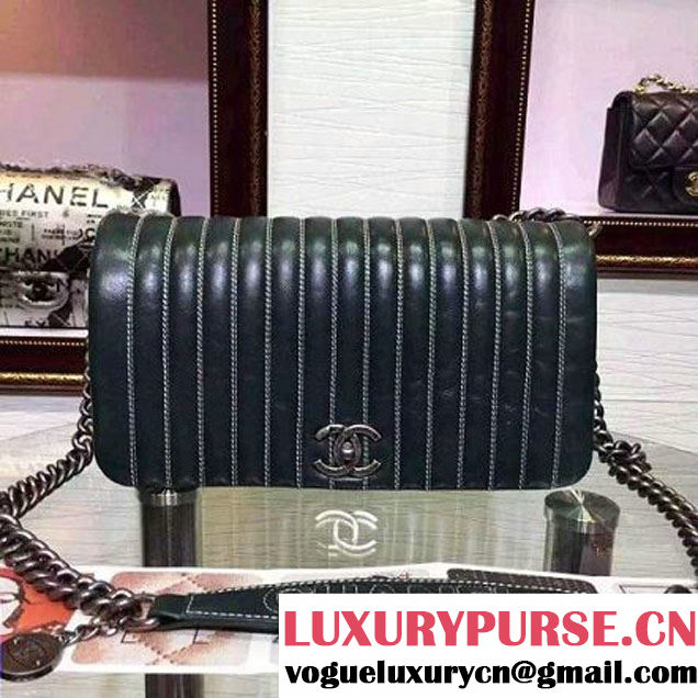 Chanel Small Vertical Stripes Wax Calfskin Flap Bag 2015 in Dark Green (2a136-053168 )