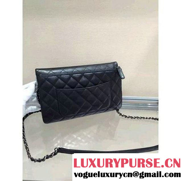 Chanel Lambskin Long Clutch Flap Bag in Black Fall 2015 (2b019-070369 )