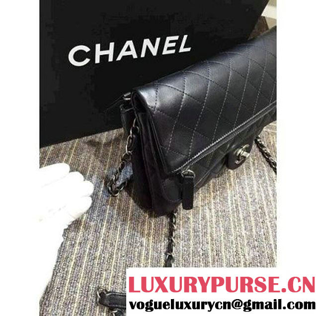 Chanel Lambskin Long Clutch Flap Bag in Black Fall 2015 (2b019-070369 )