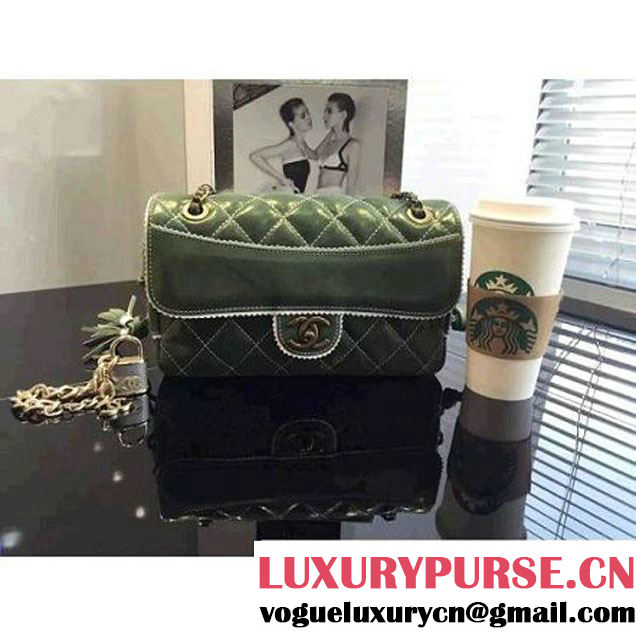 Chanel Green Cloth Grain Calfskin Flap Bag Embellished with Tassels Fall 2015  (2a046-071319 )
