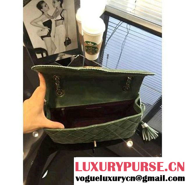 Chanel Green Cloth Grain Calfskin Flap Bag Embellished with Tassels Fall 2015  (2a046-071319 )