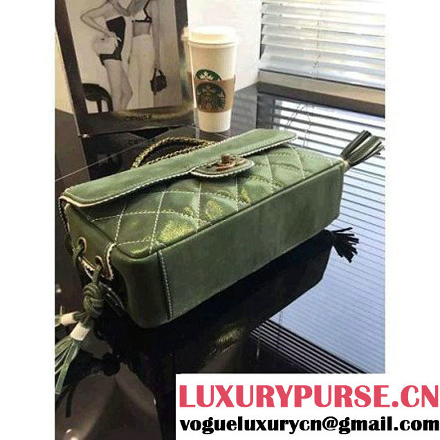 Chanel Green Cloth Grain Calfskin Flap Bag Embellished with Tassels Fall 2015  (2a046-071319 )