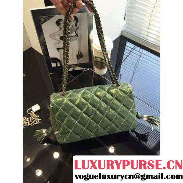 Chanel Green Cloth Grain Calfskin Flap Bag Embellished with Tassels Fall 2015  (2a046-071319 )