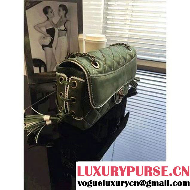 Chanel Green Cloth Grain Calfskin Flap Bag Embellished with Tassels Fall 2015  (2a046-071319 )