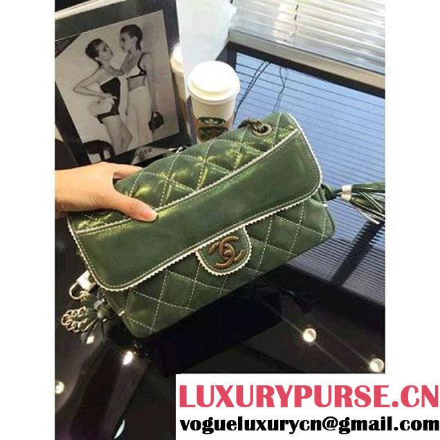 Chanel Green Cloth Grain Calfskin Flap Bag Embellished with Tassels Fall 2015  (2a046-071319 )
