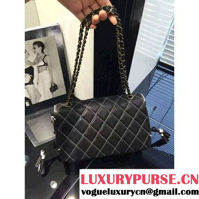 Chanel Black Cloth Grain Calfskin Flap Bag Embellished with Tassels Fall 2015  (2a046-071322 )