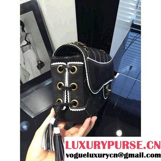 Chanel Black Cloth Grain Calfskin Flap Bag Embellished with Tassels Fall 2015  (2a046-071322 )