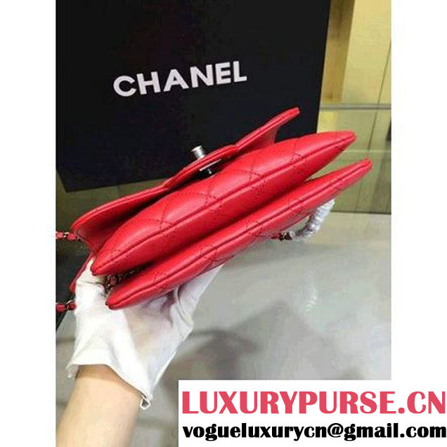 Chanel Red Lambskin Small Long Clutch Flap Bag Fall 2015  (2A143-082115 )