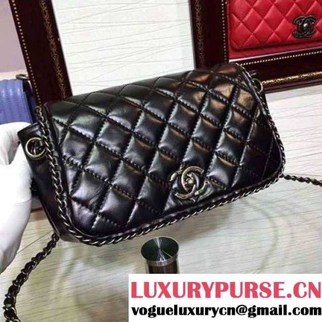 Chanel Black Wax Calfskin Flap Bag Embellished With Chain Pre-Fall 2015 (2A136-090321 )