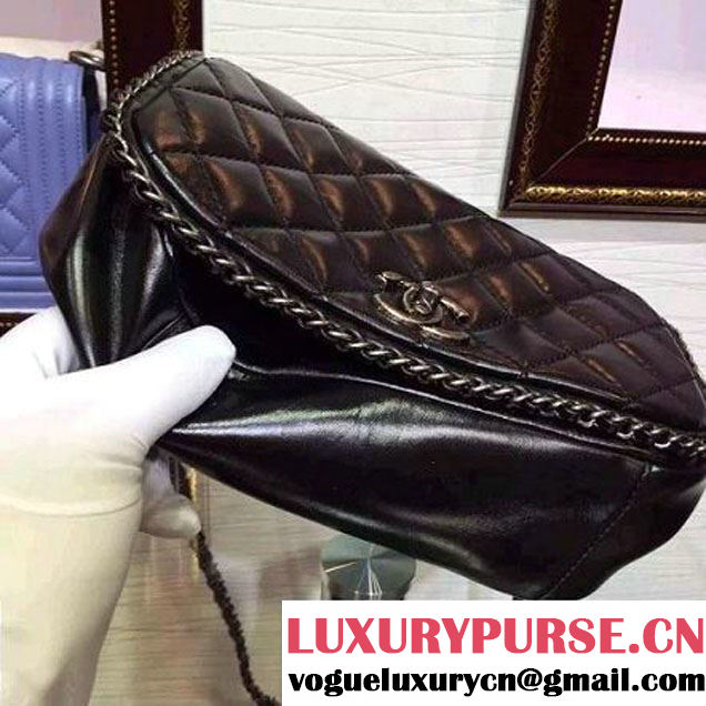 Chanel Black Wax Calfskin Flap Bag Embellished With Chain Pre-Fall 2015 (2A136-090321 )