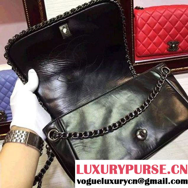 Chanel Black Wax Calfskin Flap Bag Embellished With Chain Pre-Fall 2015 (2A136-090321 )