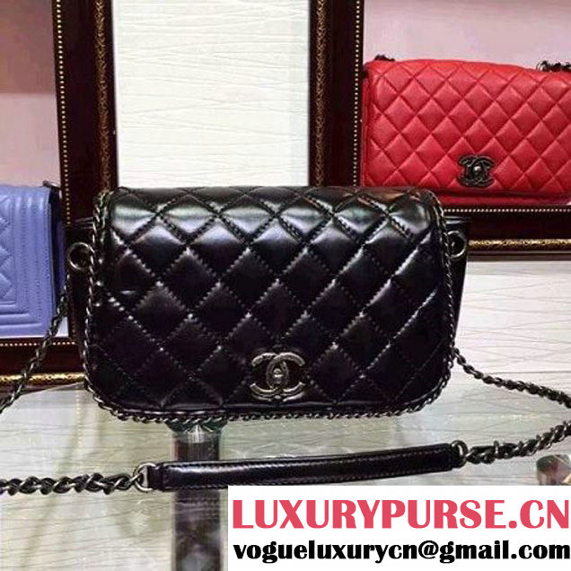 Chanel Black Wax Calfskin Flap Bag Embellished With Chain Pre-Fall 2015 (2A136-090321 )