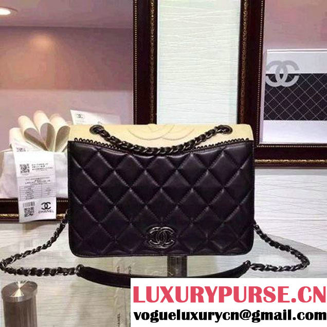 Chanel Lambksin Flap Bag Embellished With A Ribbon Piping Black/Beige Pre Fall-Winter 2015 (2A130-101203 )