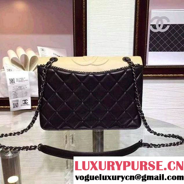 Chanel Lambksin Flap Bag Embellished With A Ribbon Piping Black/Beige Pre Fall-Winter 2015 (2A130-101203 )