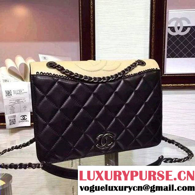 Chanel Lambksin Flap Bag Embellished With A Ribbon Piping Black/Beige Pre Fall-Winter 2015 (2A130-101203 )