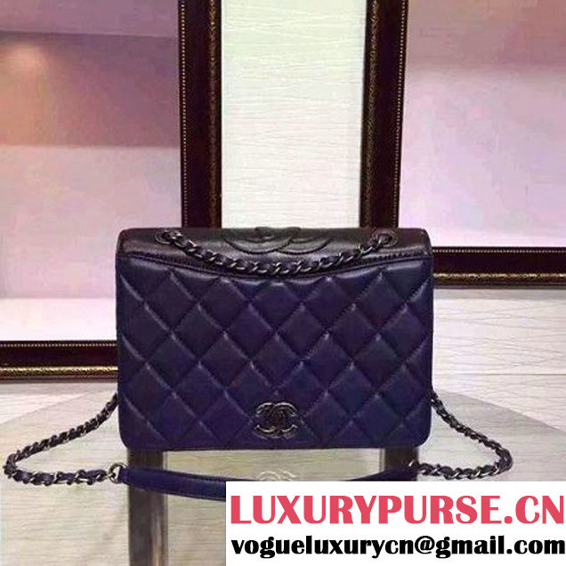 Chanel Lambksin Flap Bag Embellished With A Ribbon Piping Blue/Black Pre Fall-Winter 2015 (2A130-101204 )