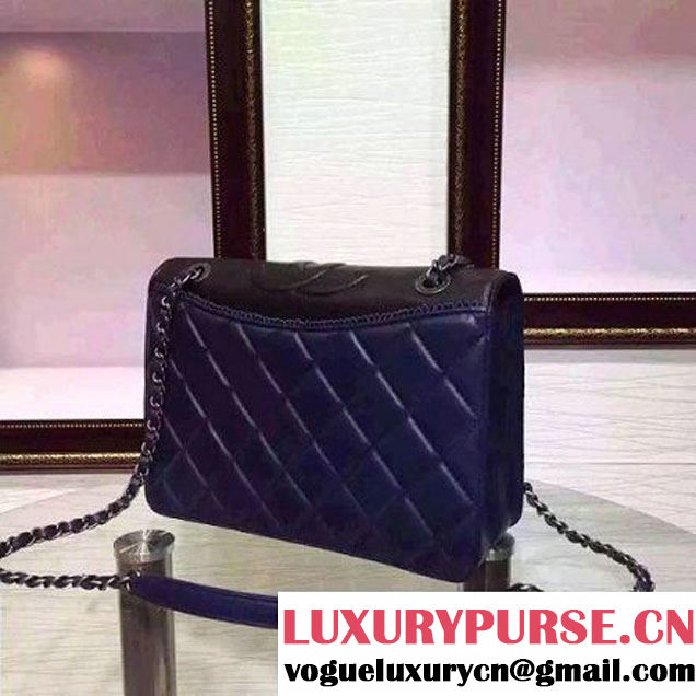Chanel Lambksin Flap Bag Embellished With A Ribbon Piping Blue/Black Pre Fall-Winter 2015 (2A130-101204 )