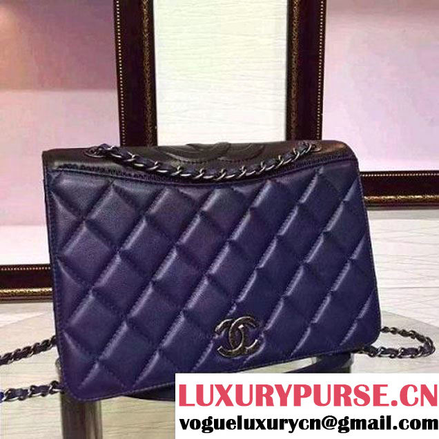 Chanel Lambksin Flap Bag Embellished With A Ribbon Piping Blue/Black Pre Fall-Winter 2015 (2A130-101204 )