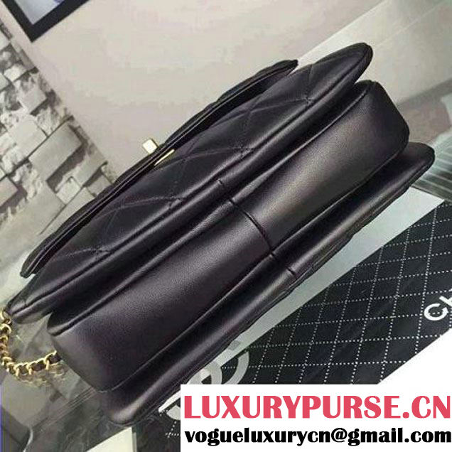 Chanel Black Calfskin Flap Bag Embellished With Chain Metallic Plate Fall-Winter 2015 (2A058-102801 )