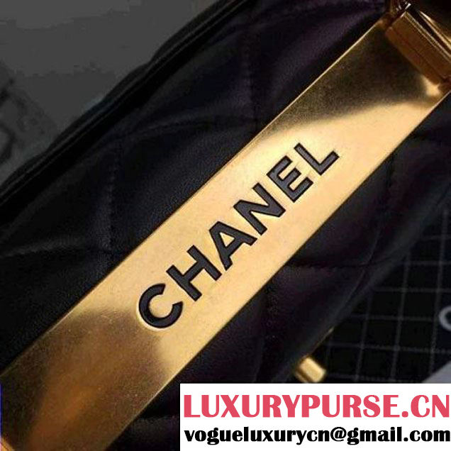 Chanel Black Calfskin Flap Bag Embellished With Chain Metallic Plate Fall-Winter 2015 (2A058-102801 )