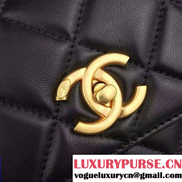 Chanel Black Calfskin Flap Bag Embellished With Chain Metallic Plate Fall-Winter 2015 (2A058-102801 )