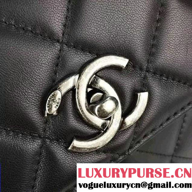 Chanel Black Calfskin Flap Bag Embellished With Chain Metallic Plate Fall-Winter 2015 (2A058-102802 )