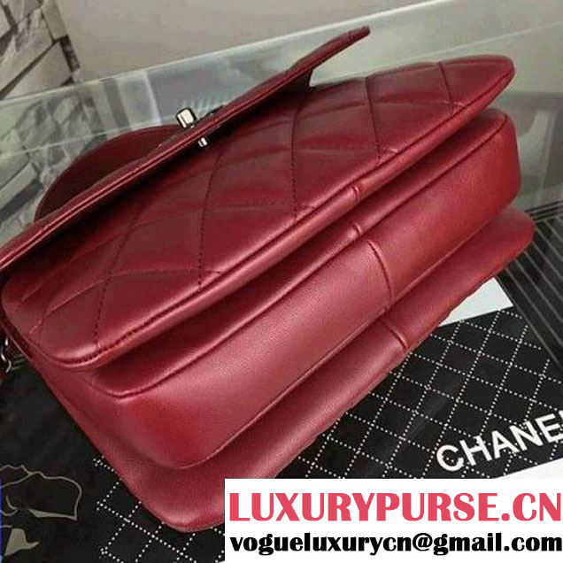 Chanel Red Calfskin Flap Bag Embellished With Chain Metallic Plate Fall-Winter 2015 (2A058-102803 )
