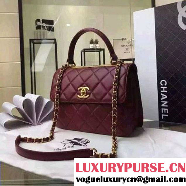 Chanel Burgundy Calfskin Flap Bag Embellished With Chain Metallic Plate Fall-Winter 2015 (2A058-102804 )