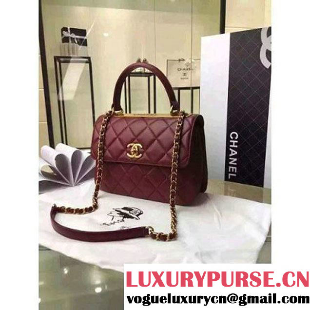 Chanel Burgundy Calfskin Flap Bag Embellished With Chain Metallic Plate Fall-Winter 2015 (2A058-102804 )