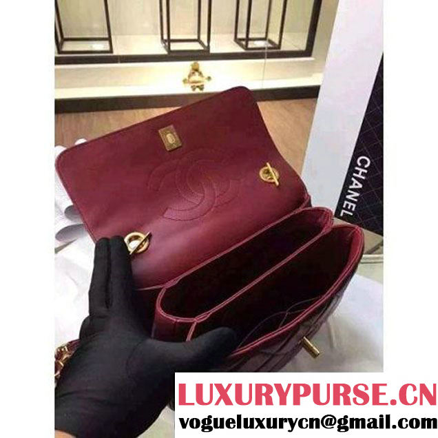 Chanel Burgundy Calfskin Flap Bag Embellished With Chain Metallic Plate Fall-Winter 2015 (2A058-102804 )