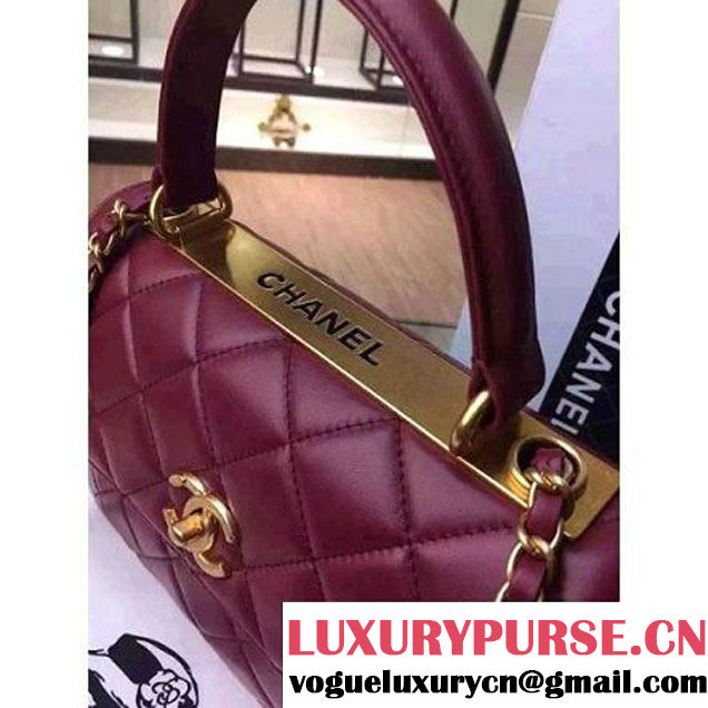 Chanel Burgundy Calfskin Flap Bag Embellished With Chain Metallic Plate Fall-Winter 2015 (2A058-102804 )